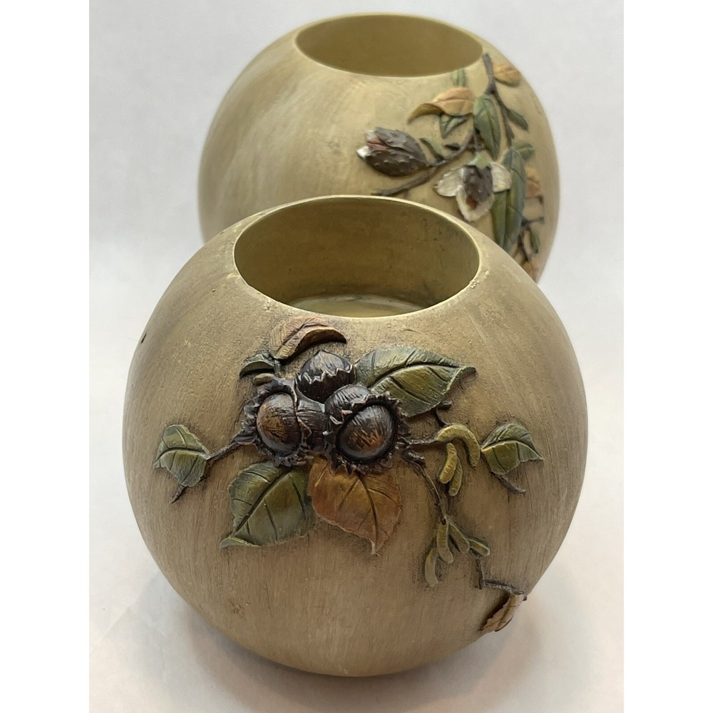Resin Votive Candle‎ Holder Fall Autumn Harvest "Leaves & Pinecones" Set Of 2